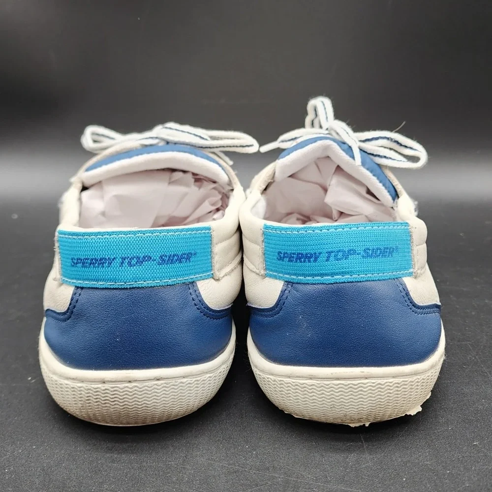 Sperry Size 13 M White Blue Leather Boat Shoes Nautical Preppy Coastal Casual LO